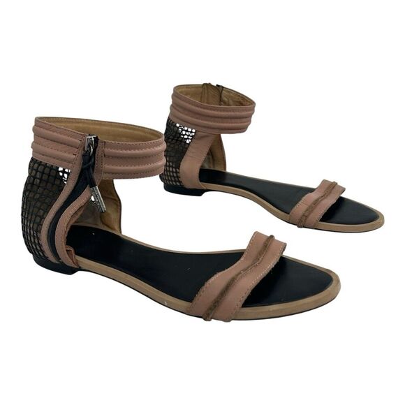 L.A.M.B. Women's Size 10 Leather Ankle Strap Sandals Nude Black Zip Back - Picture 1 of 8